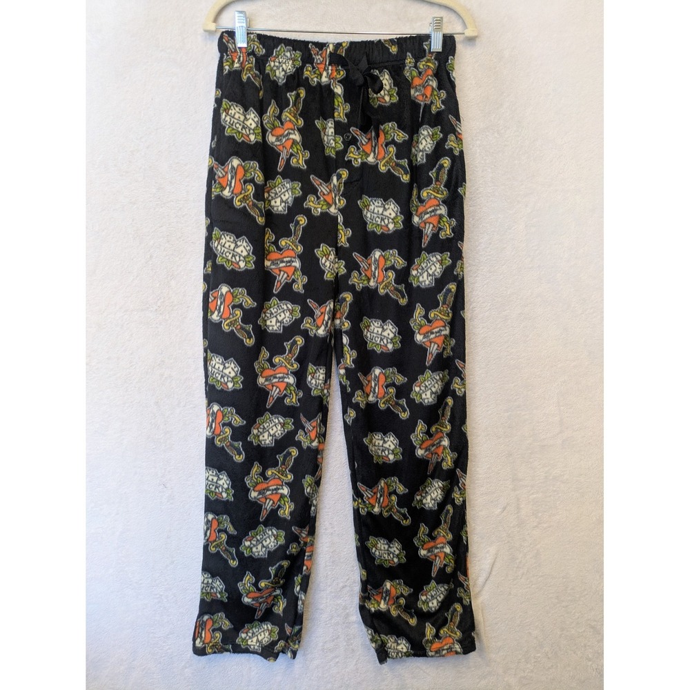 Ed Hardy Junior's Size M Tattoo Print Fleece Pajama Pants Black and Orange‎